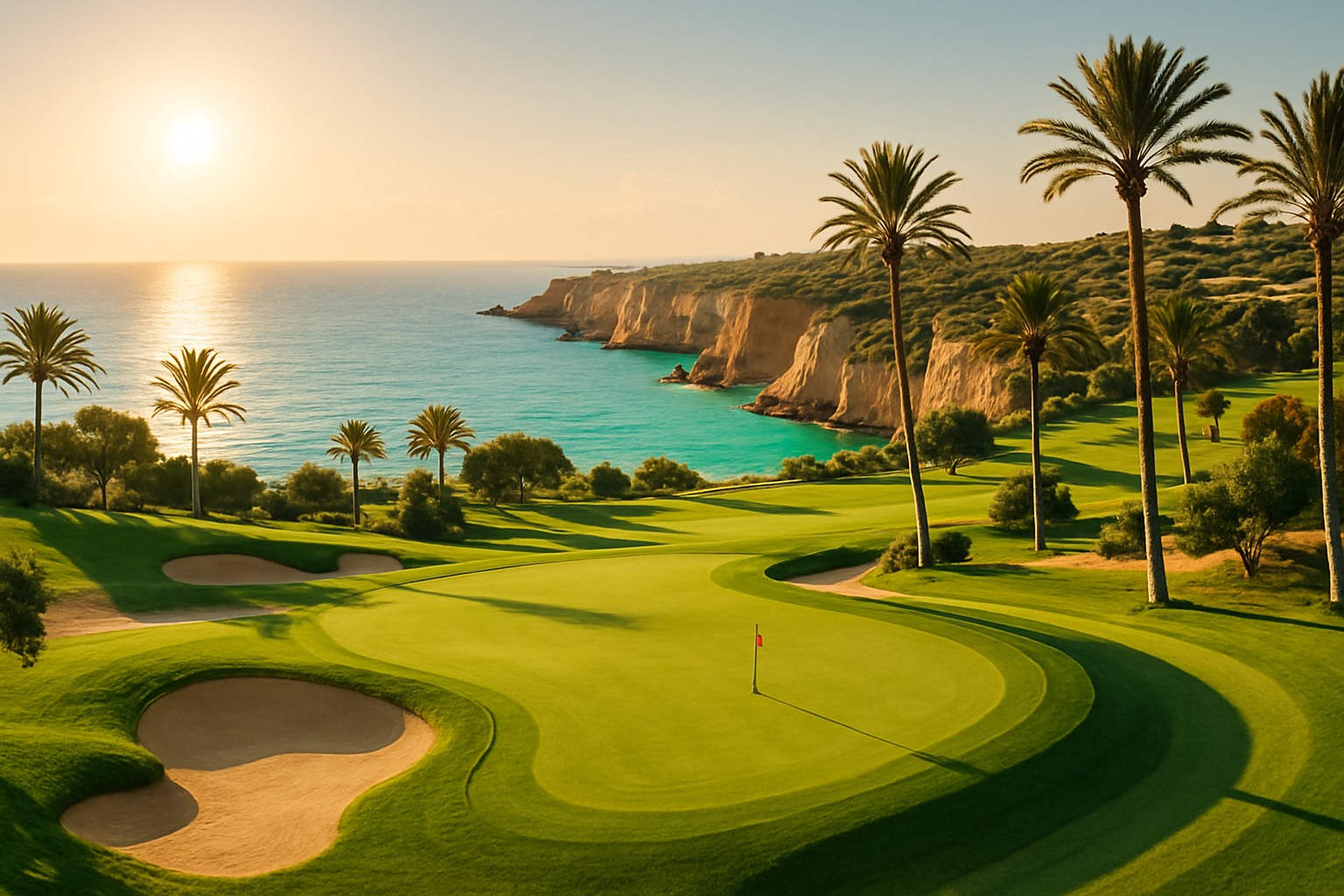 Fairway einer Premium-Golfanlage auf Nordzypern über dem Mittelmeer