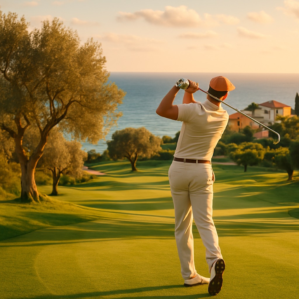 Golfplatz auf Nordzypern mit Meerblick im warmen Abendlicht